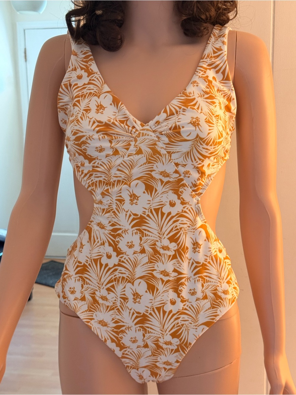 L-Space Floral Cutout One-Piece Swimsuit in Mustard and White Sz 10